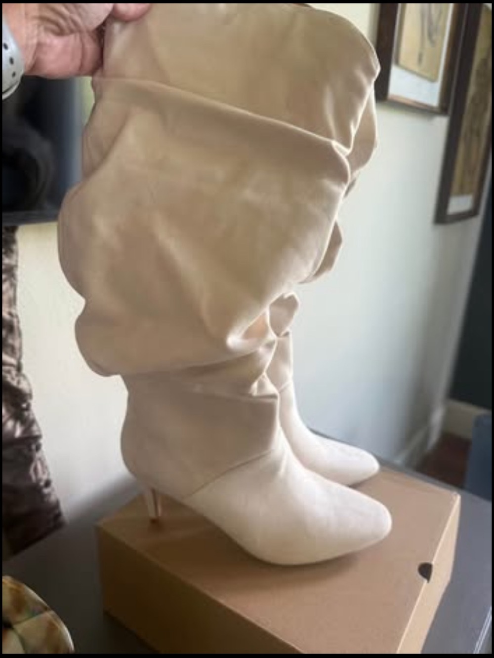 Women's Slouch Knee-High Heeled Boot in Cream